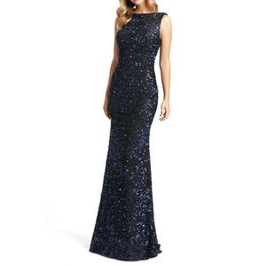 Mac Duggal IEENA Navy Sequin Drape Back Trumpet Gown New With Tag - Reemoly
